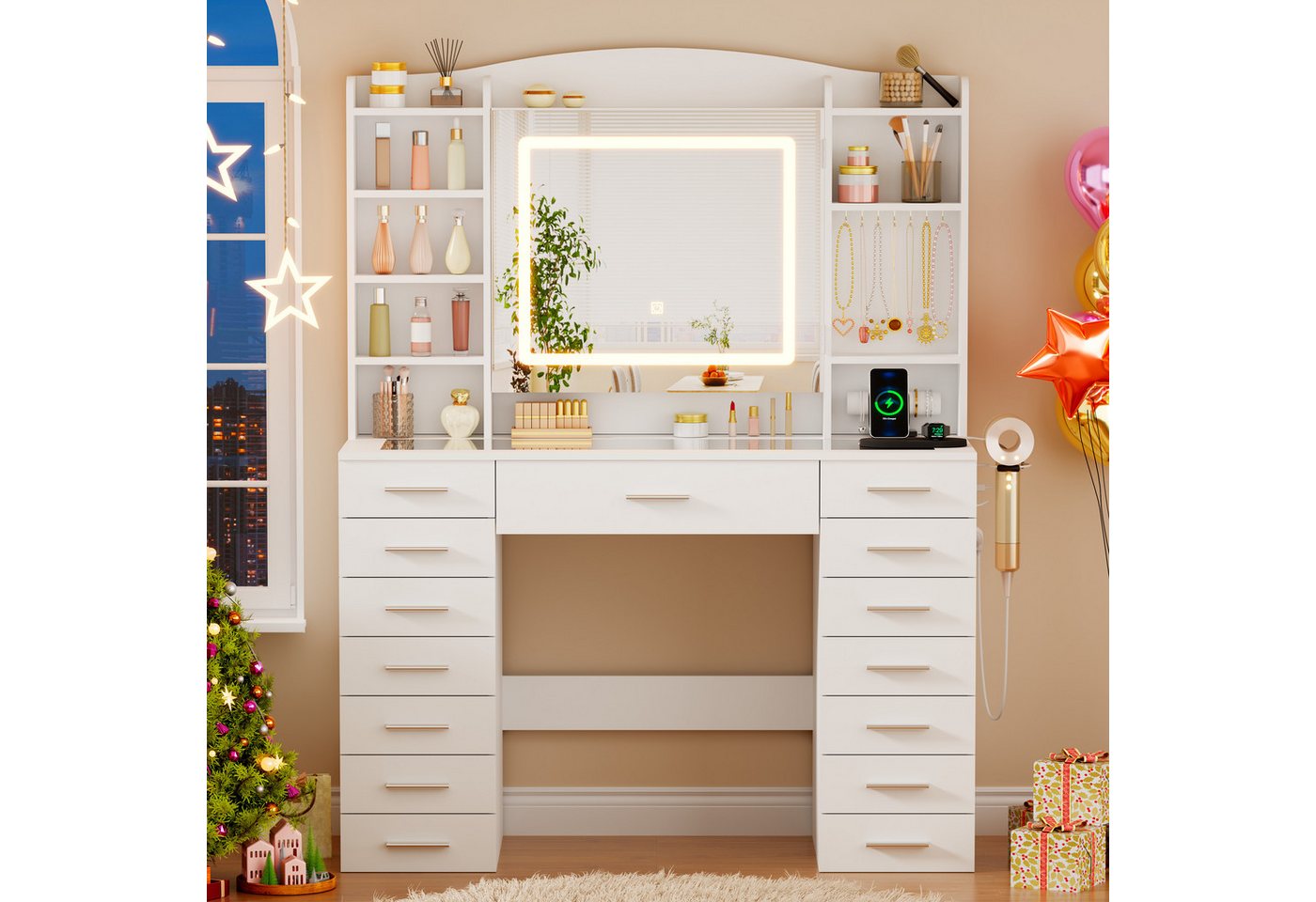 BEWISHOME Schminktisch mit beleuchtung, Steckdose und USB-Anschluss, schminktisch weiß, LED-Spiegel-Schminktisch mit Steckdosen & USB – praktisch & stilvoll – Bild 4 von 5
