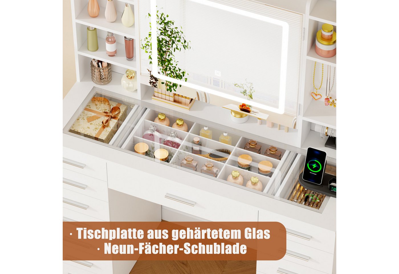 BEWISHOME Schminktisch mit beleuchtung, Steckdose und USB-Anschluss, schminktisch weiß, LED-Spiegel-Schminktisch mit Steckdosen & USB – praktisch & stilvoll – Bild 5 von 5