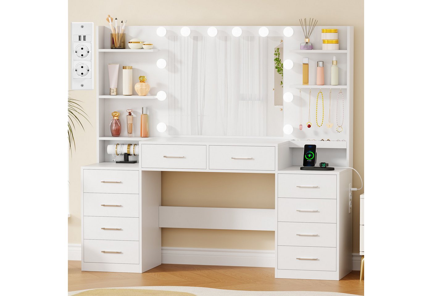BEWISHOME Schminktisch Schminktisch mit Spiegel, LED-Beleuchtung und Ladestation (1-St), 10 Schubladen für optimale Aufbewahrung – Bild 3 von 5