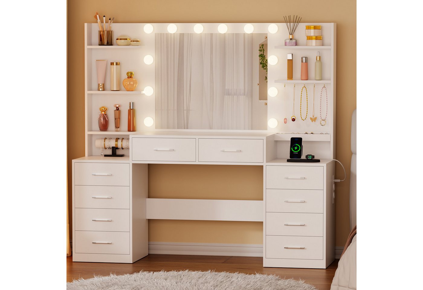 BEWISHOME Schminktisch Schminktisch mit Spiegel, LED-Beleuchtung und Ladestation (1-St), 10 Schubladen für optimale Aufbewahrung – Bild 4 von 5