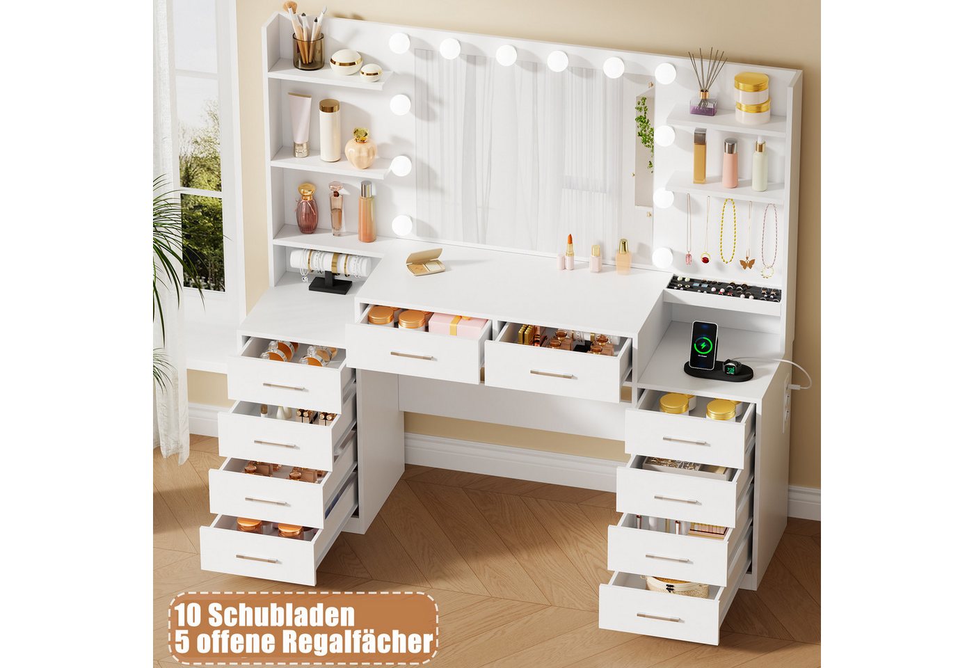 BEWISHOME Schminktisch Schminktisch mit Spiegel, LED-Beleuchtung und Ladestation (1-St), 10 Schubladen für optimale Aufbewahrung – Bild 5 von 5