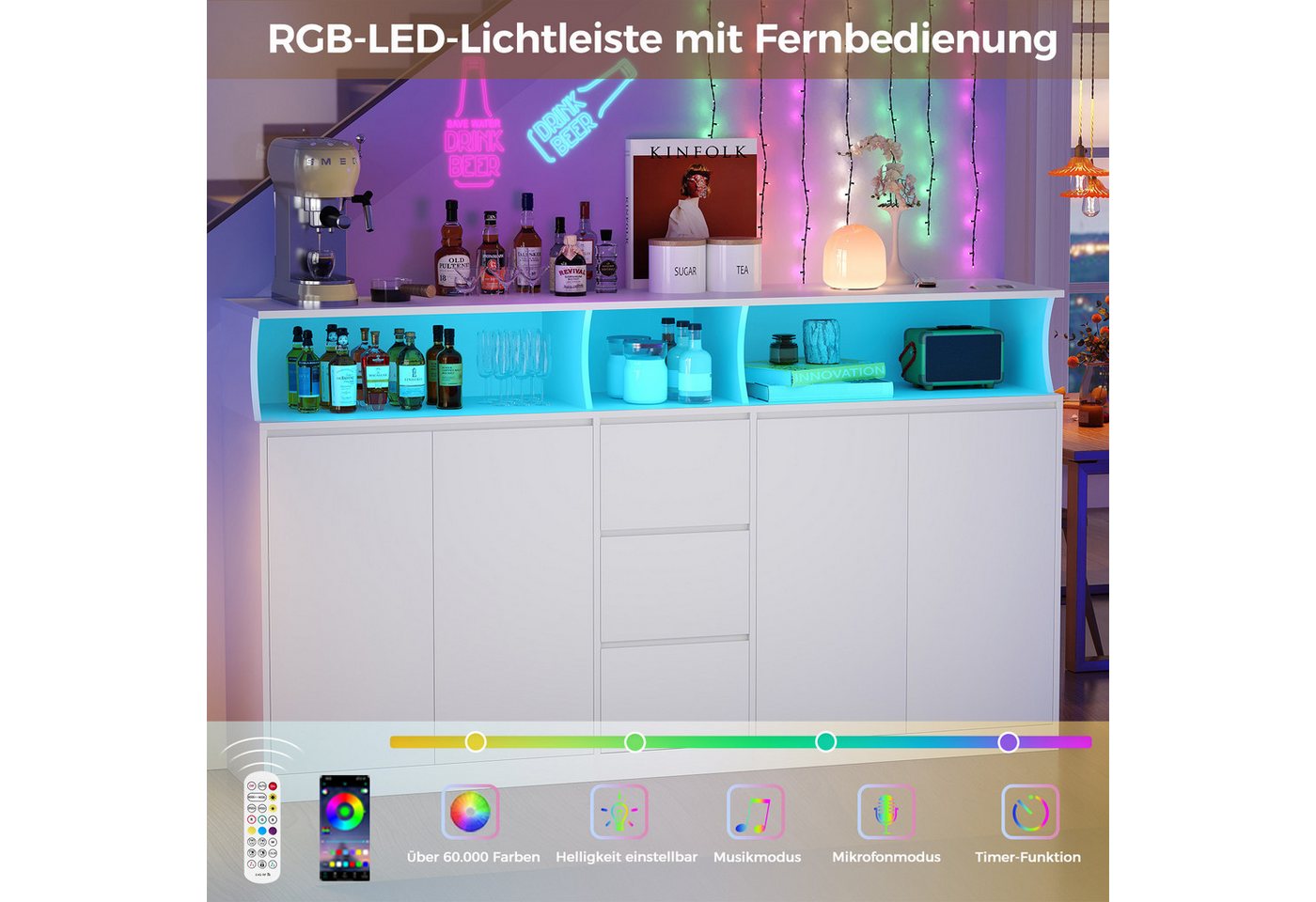 BEWISHOME Sideboard Küchenschrank mit Arbeitsplatte, Küchenbuffet Buffetschrank (2 St), – 180×40×80 cm – Bild 3 von 5