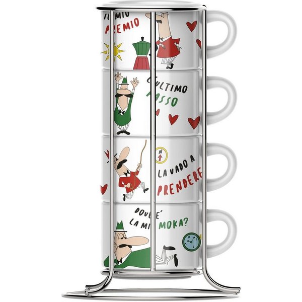 BIALETTI Cappuccinotasse, 5-tlg., Metall, Porzellan, (4 Cappuccinotassen mit Metallgestell)