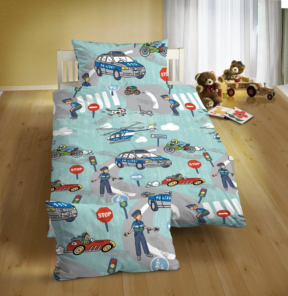 Biberna Kinderbettwäsche Ela in Gr. 100x135 oder 135x200 cm, für Kinder, Polizei, Feinbiber, 2 teilig, Biber, wärmend & weich, Reißverschluss, ab Größe 100 x 13 – Bild 2 von 3