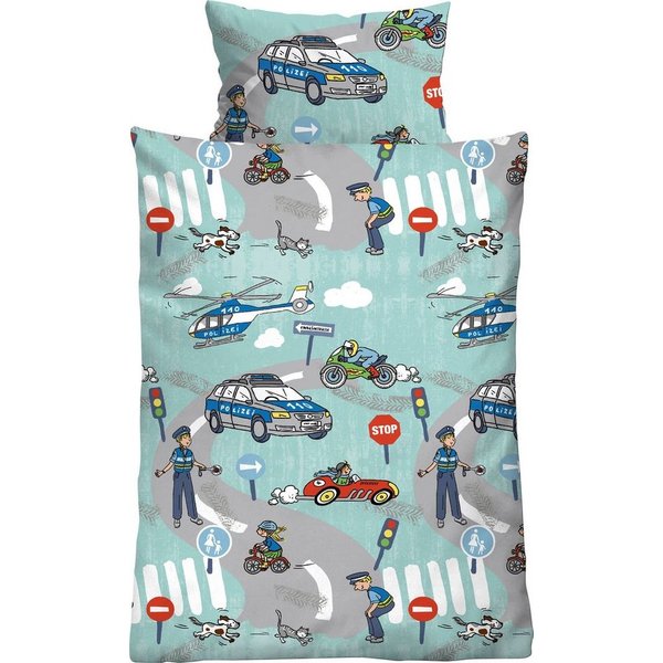 Biberna Kinderbettwäsche Ela in Gr. 100x135 oder 135x200 cm, für Kinder, Polizei, Feinbiber, 2 teilig, Biber, wärmend & weich, Reißverschluss, ab Größe 100 x 13