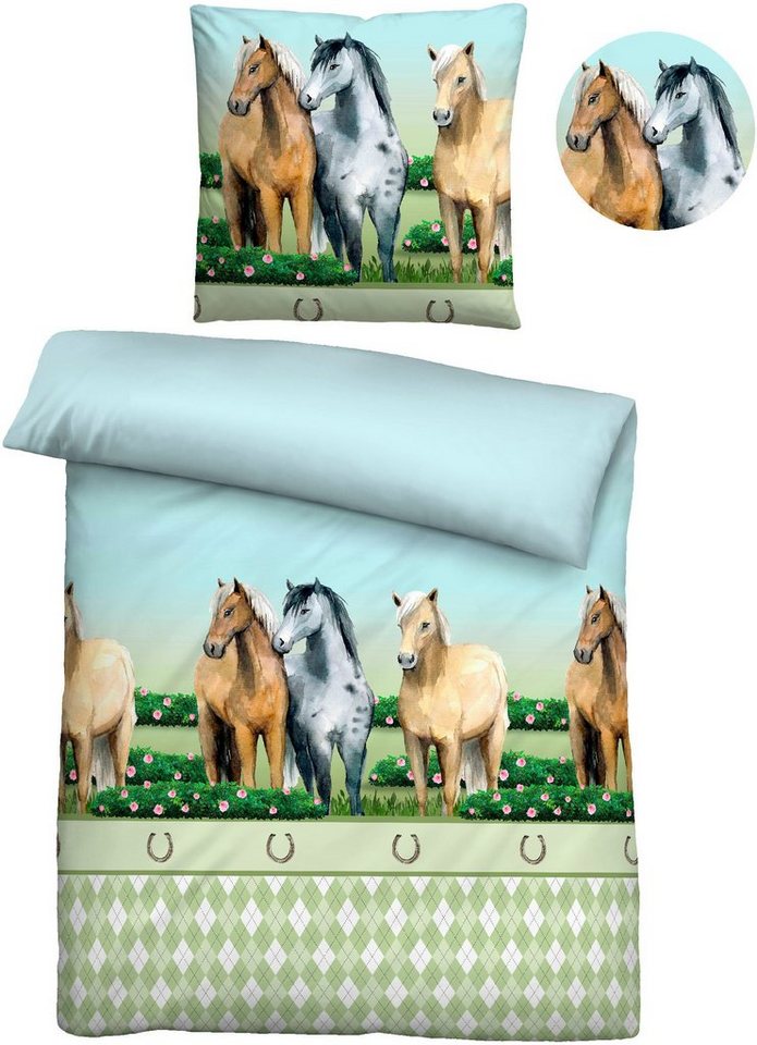 Biberna Kinderbettwäsche Pferde, Linon, 2 teilig, 135/200+80/80 cm, atmungsaktiv, 100% Baumwolle, Reißverschluss – Bild 3 von 5
