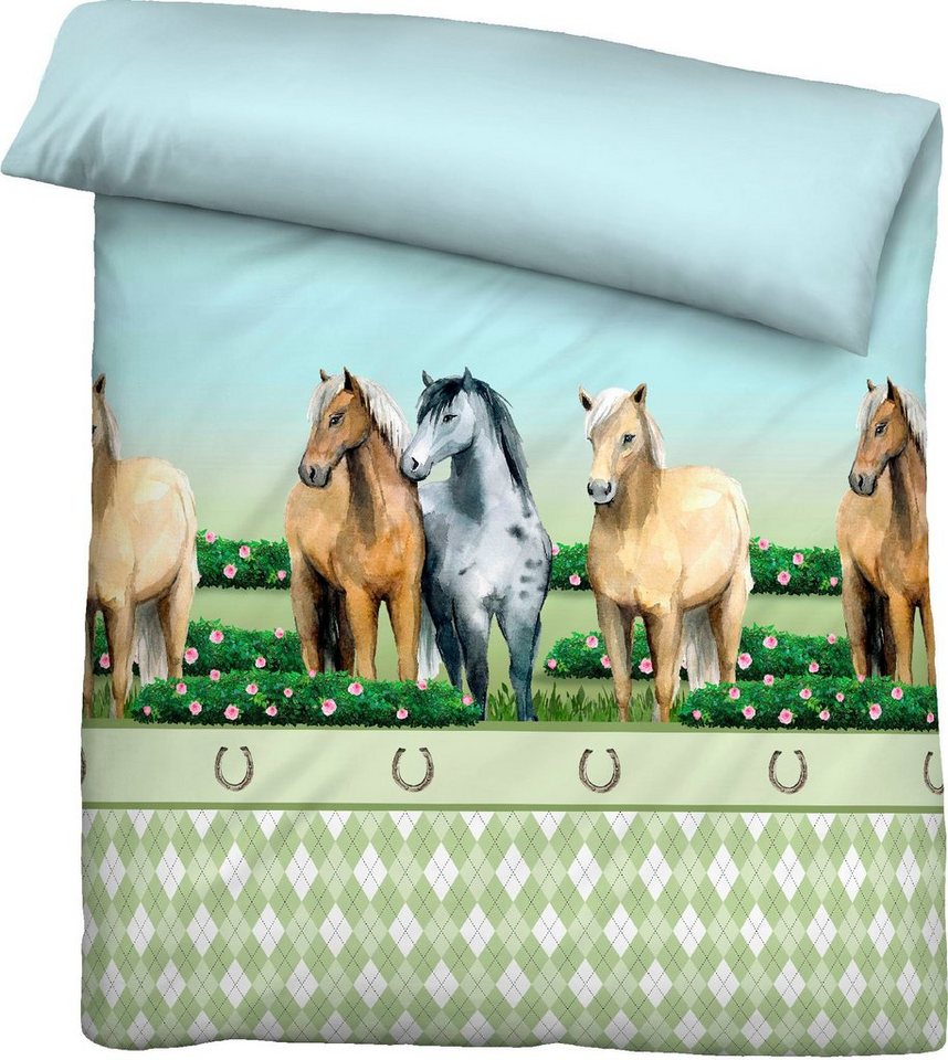Biberna Kinderbettwäsche Pferde, Linon, 2 teilig, 135/200+80/80 cm, atmungsaktiv, 100% Baumwolle, Reißverschluss – Bild 5 von 5