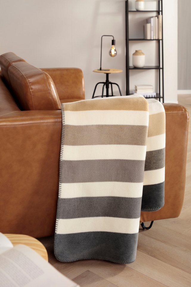 Wohndecke Horizon nature, Biederlack, modernes Streifendesign, mit Zierstich – Bild 2 von 4