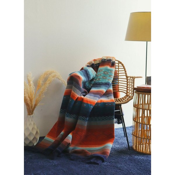 Wohndecke Peru, bunte Ethno Kuscheldecke in 150x200 cm, Sofadecke mit Fransen, Biederlack