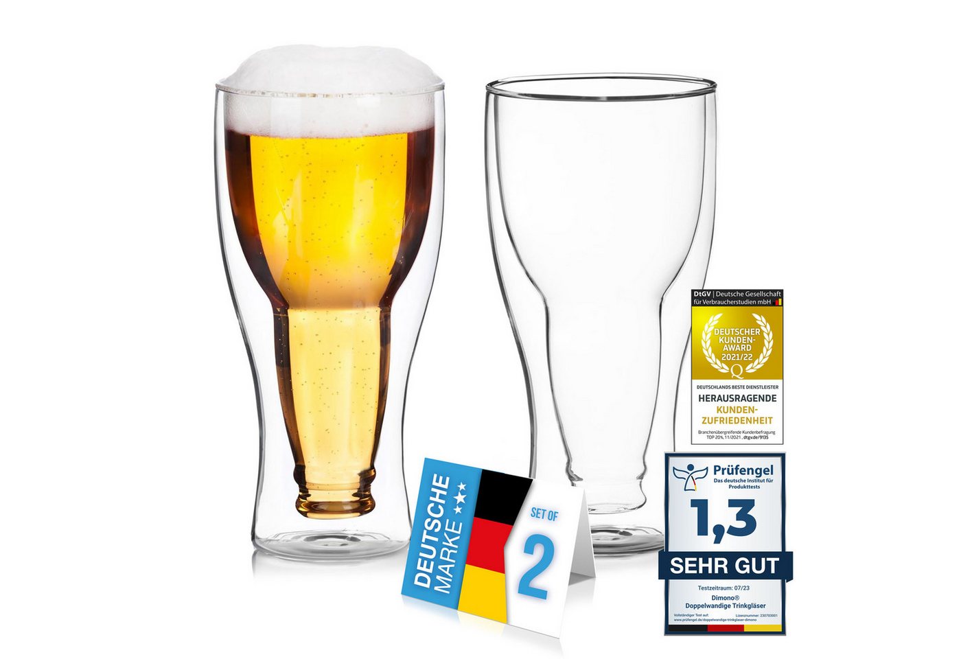 Dimono Bierglas DIMONO Bierglas Glasflasche Effekt–Doppelwandiges invertiert Bierglas, 2-tlg., Borosilikatglas, Umgestülpte Bierflasche im Glas – Bild 5 von 5