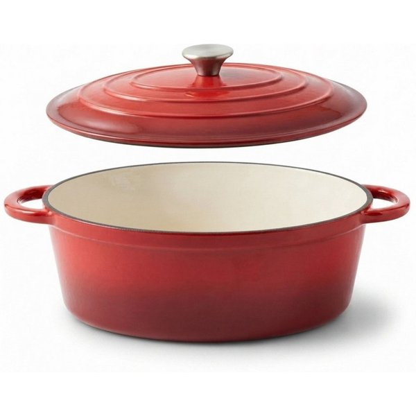 BIG-PAN Bräter Gusseisen Schmortopf 3,5 L oval Deckel emailliert Bratentopf Cocotte, Gusseisen (Topf Auflaufform Servierpfanne, Schmorpfanne Brotbacktopf), für 