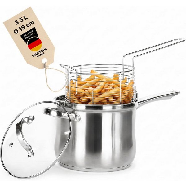 BIG-PAN Frittiertopf Pommestopf 3,5 L Edelstahl Fritteuse mit Frittierkorb und Glasdeckel, Edelstahl (Pommes-Frittierer Stielkasserolle, Kochtopf Universaltopf 