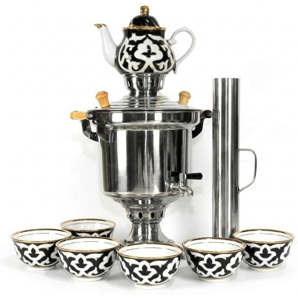 BIG-PAN Wasserkessel Samowar 5 L Samovar Edelstahl Schornstein Teeservice Pahta Usbekisch, Edelstahl (Holzfeuer-Samovar Usbekisch, Teekocher Teemaschine), Tea M