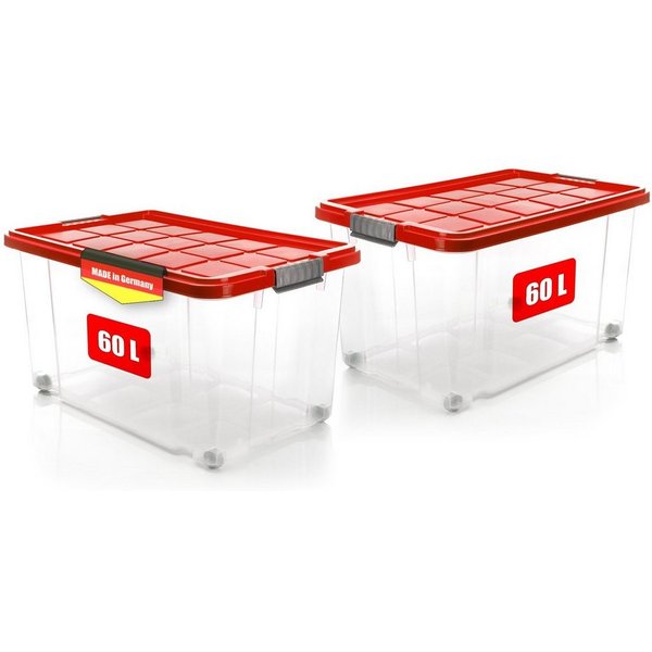 BigDean Aufbewahrungsbox 60 L mit Deckel groß – robuste Stapelbox rollbar mit Klickverschlüssen (Set, 2 St., Aufbewahrungsbox + Deckel + Rollen), Sicher Stapelb