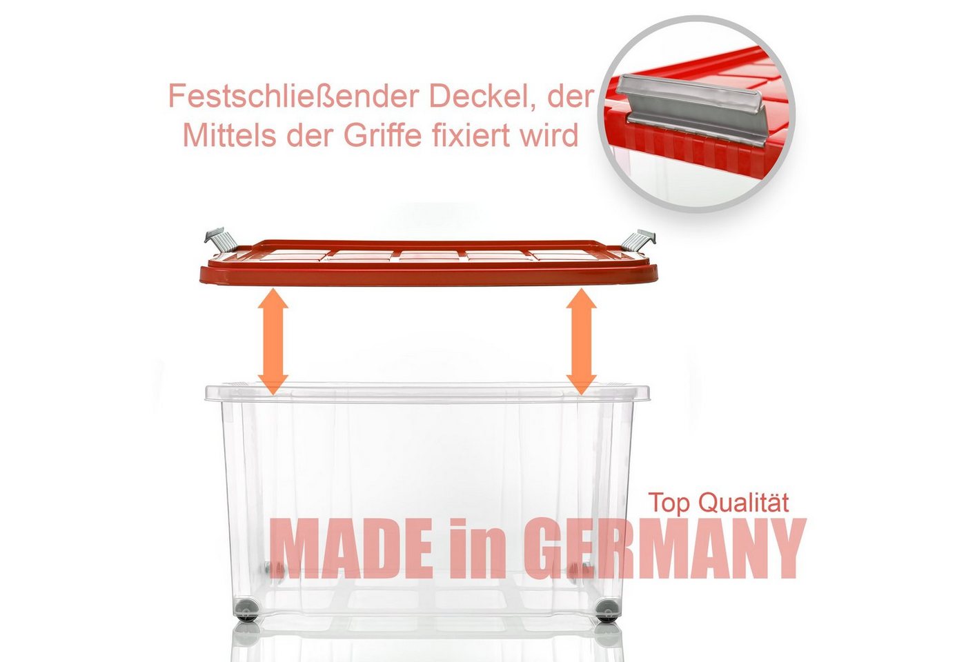 BigDean Aufbewahrungsbox 60 L mit Deckel groß – robuste Stapelbox rollbar mit Klickverschlüssen (Set, 2 St., Aufbewahrungsbox + Deckel + Rollen), Sicher Stapelb – Bild 5 von 5