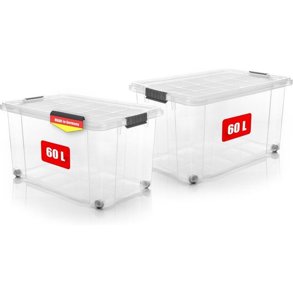 BigDean Aufbewahrungsbox 60 L mit Deckel groß – robuste Stapelbox rollbar mit Klickverschlüssen (Set, 2 St., Aufbewahrungsbox + Deckel + Rollen), Sicher Stapelb