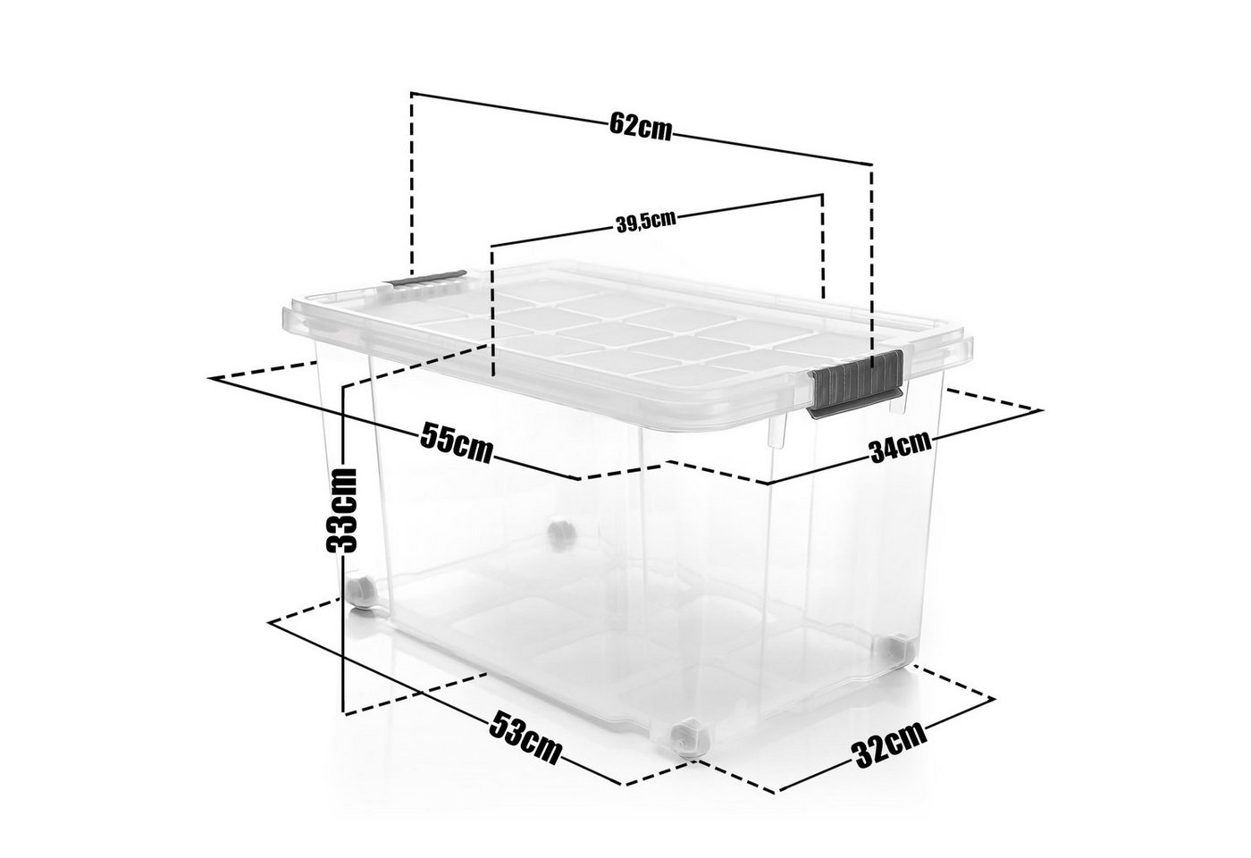 BigDean Aufbewahrungsbox 60 L mit Deckel groß – robuste Stapelbox rollbar mit Klickverschlüssen (Set, 2 St., Aufbewahrungsbox + Deckel + Rollen), Sicher Stapelb – Bild 3 von 5