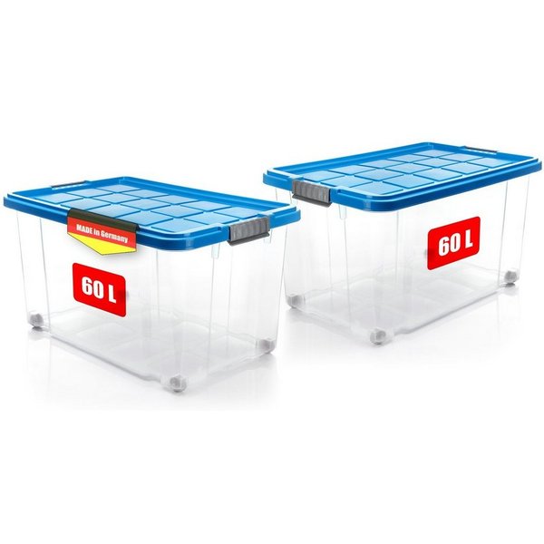 BigDean Aufbewahrungsbox 60 L mit Deckel groß – robuste Stapelbox rollbar mit Klickverschlüssen (Set, 2 St., Aufbewahrungsbox + Deckel + Rollen), Sicher Stapelb