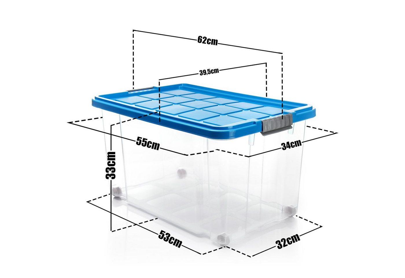 BigDean Aufbewahrungsbox 60 L mit Deckel groß – robuste Stapelbox rollbar mit Klickverschlüssen (Set, 2 St., Aufbewahrungsbox + Deckel + Rollen), Sicher Stapelb – Bild 3 von 5