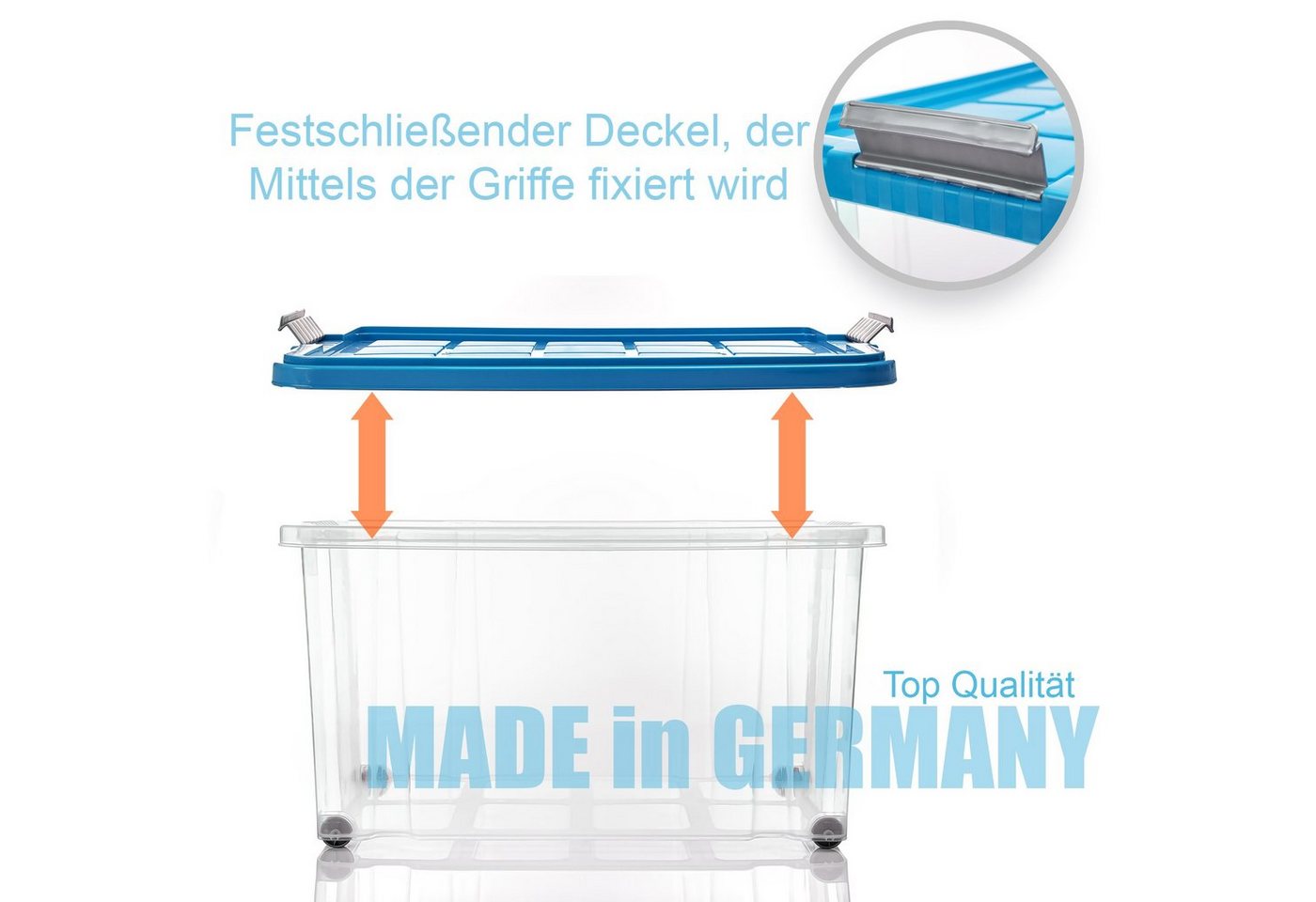 BigDean Aufbewahrungsbox 60 L mit Deckel groß – robuste Stapelbox rollbar mit Klickverschlüssen (Set, 2 St., Aufbewahrungsbox + Deckel + Rollen), Sicher Stapelb – Bild 5 von 5