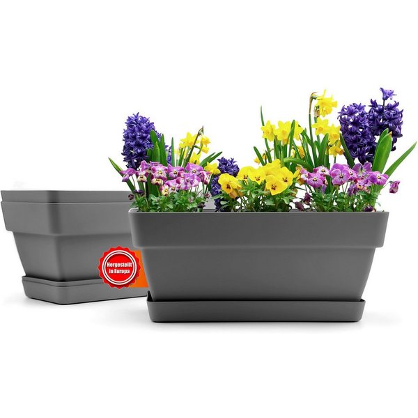 BigDean Blumenkasten 3er Set, Balkonkasten Bruchfester Kunststoff in edlem Anthrazit-Grau (Set, 3 St., Pflanzkasten + Untersetzer), 40cm, Witterungsfest, Indoor