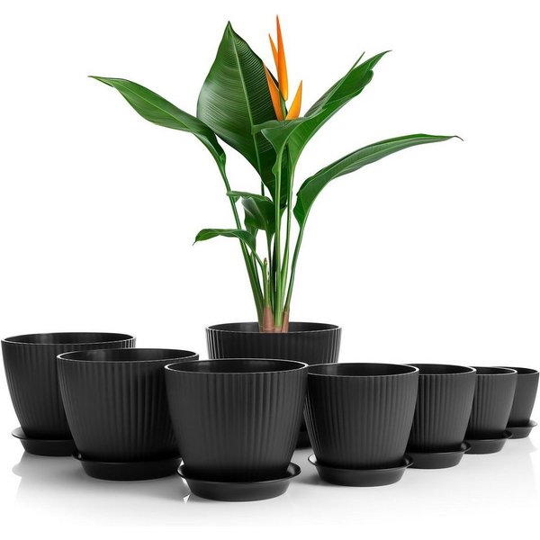 BigDean Blumentopf 8er Set Blumentöpfe Anthrazit – Rundtöpfe mit Untersetzer, 10-19 cm (Set, 8 St., Pflanztöpfe), 8 verschiedene Größen, In- & Outdoor, mit Entw