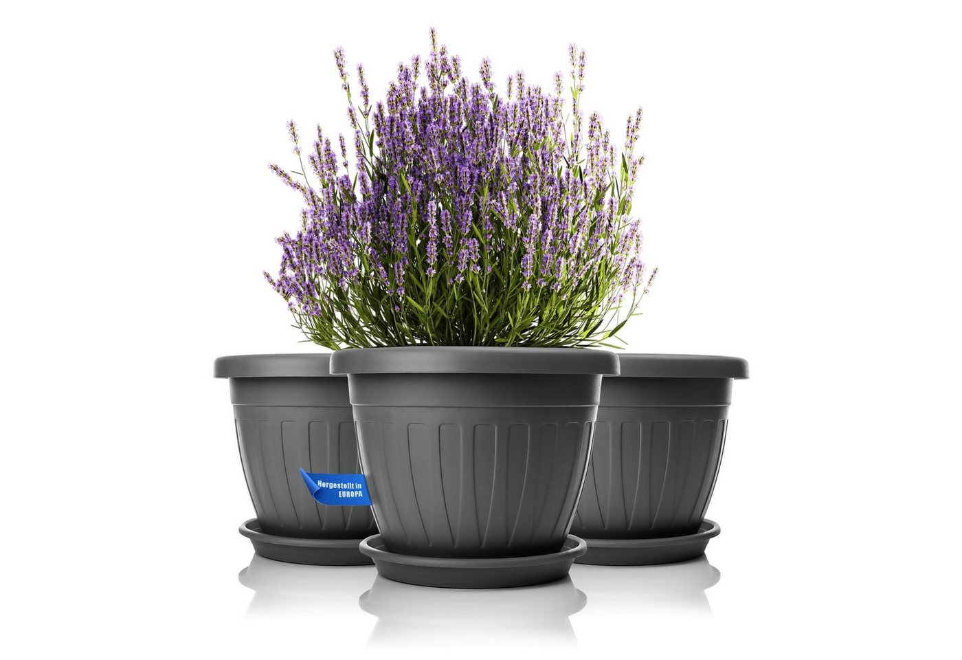 BigDean Blumentopf mit Untersetzer rund Anthrazit - wetterfester Pflanzkübel (Set, 1 St., Blumentopf + Untersetzer), Mediterane Optik, Vielseitig, Hochwertig – Bild 2 von 5