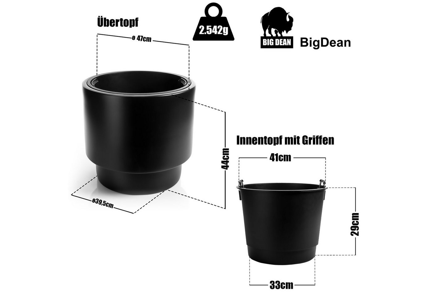 BigDean Blumentopf Pflanzkübel Design mit Einsatz rund ø 47 cm (Set, 1 St., 1 Pflanztopf + 1 Übertopf), Übertopf & Topf, 47cm Durchmesser, Schwarz, Wetterfest & – Bild 3 von 5