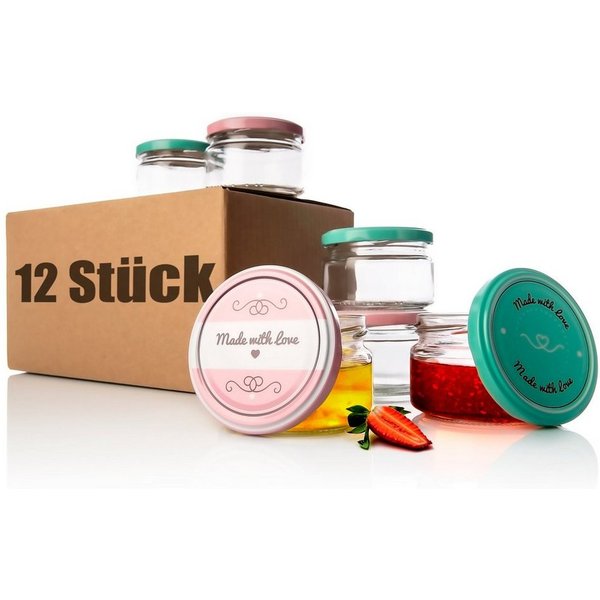 BigDean Einmachglas 12er Set Einmachgläser Deckel rosa pastell-grün 250ml Sturzglas, Glas, (12-tlg)