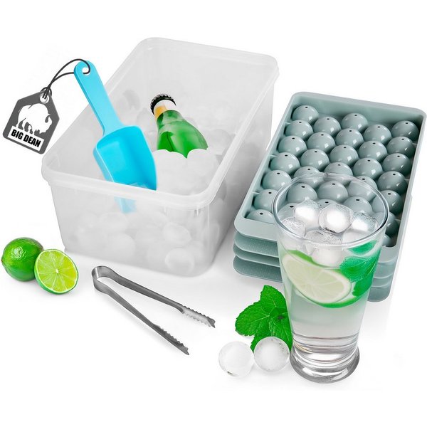 BigDean Eiswürfelform für 66 runde Eiskugeln – Set mit Deckel, Box, Schaufel & Zange, (Set 4-tlg), Maximale Ausbeute, Full-Service-Set, Lebensmittelecht