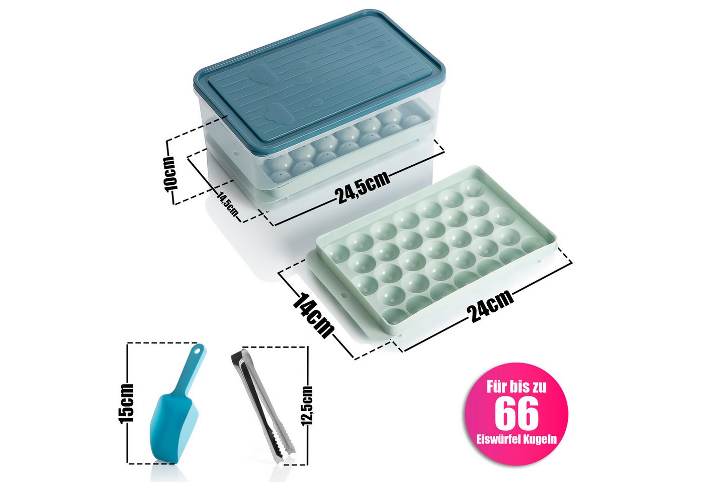 BigDean Eiswürfelform für 66 runde Eiskugeln – Set mit Deckel, Box, Schaufel & Zange, (Set 4-tlg), Maximale Ausbeute, Full-Service-Set, Lebensmittelecht – Bild 3 von 5