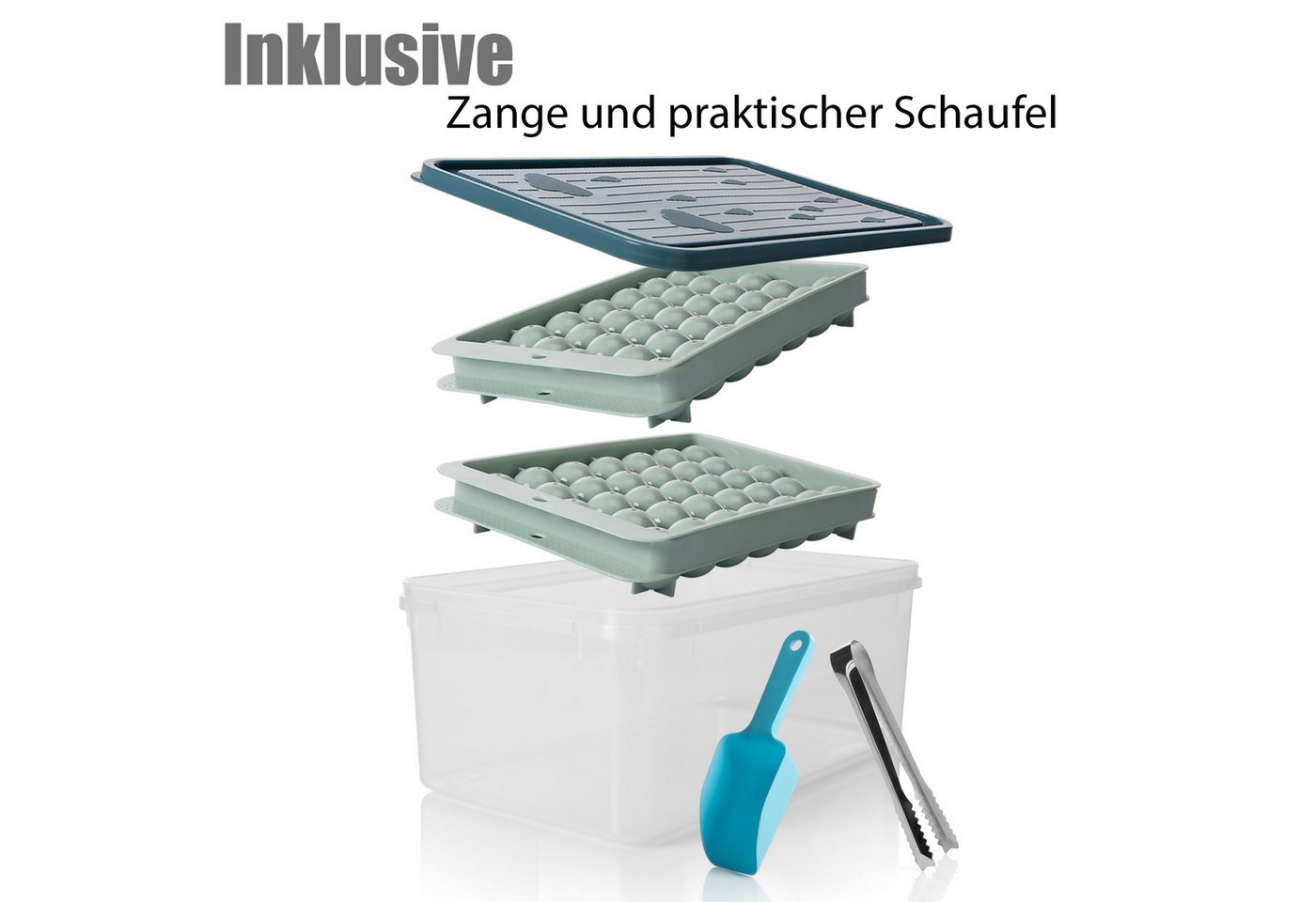 BigDean Eiswürfelform für 66 runde Eiskugeln – Set mit Deckel, Box, Schaufel & Zange, (Set 4-tlg), Maximale Ausbeute, Full-Service-Set, Lebensmittelecht – Bild 5 von 5