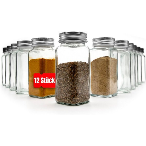 BigDean Gewürzbehälter 12er Set Gewürzgläser eckig luftdichte Gewürzdosen, Glas, (Set, 12-tlg., Gewürzgläser), Kräuterglas, Gewürzglas, Lebensmittelecht, BPA-Fr