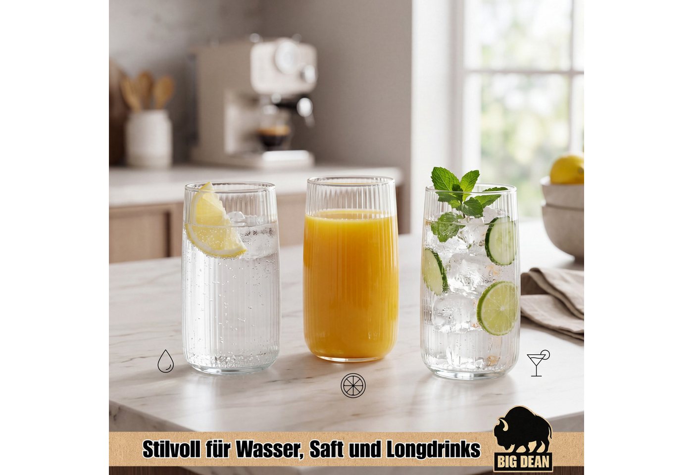 BigDean Longdrinkglas 6er Set Geriffelte Gläser, Trinkgläser 500 ml, spülmaschinenfest, 6-tlg., Glas, Edle Riffleoptik, Stabiler Stand, Spülmaschienenfest – Bild 2 von 5