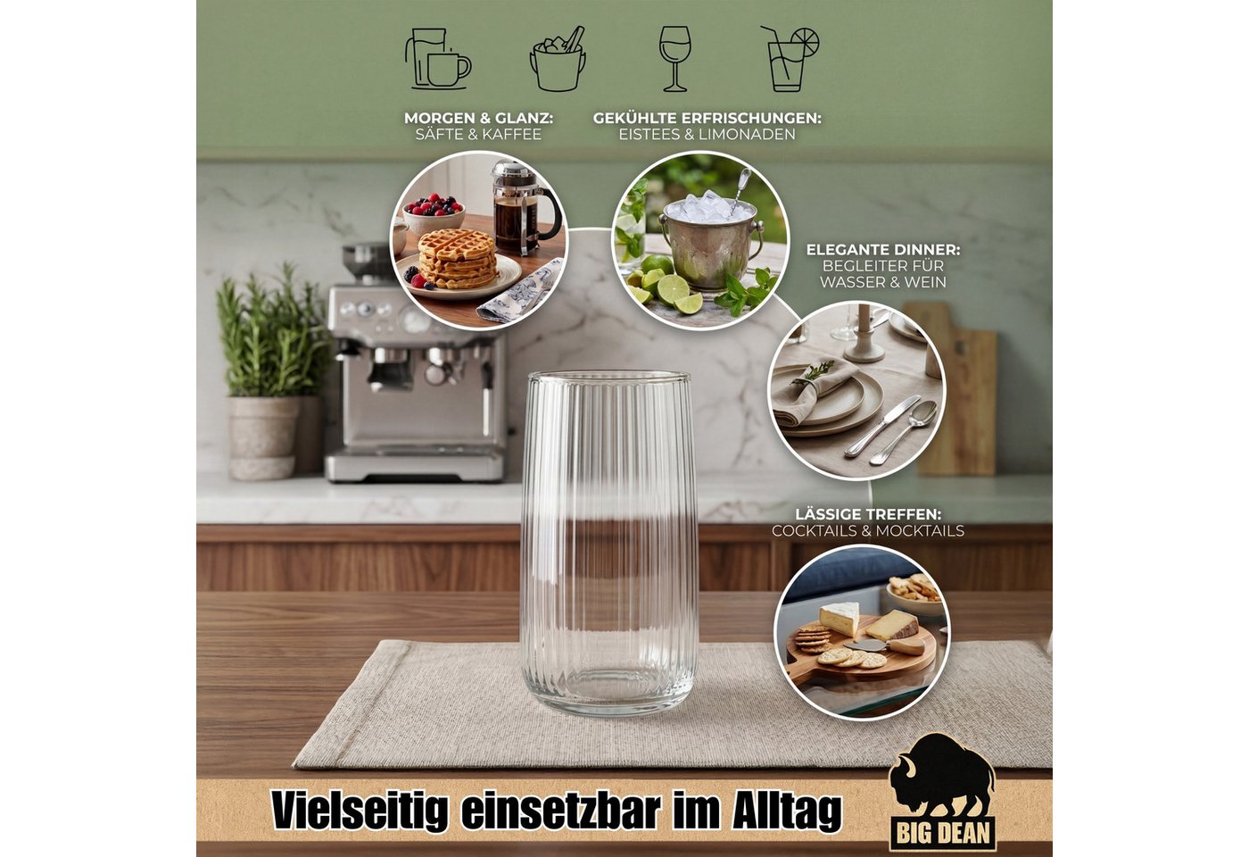 BigDean Longdrinkglas 6er Set Geriffelte Gläser, Trinkgläser 500 ml, spülmaschinenfest, 6-tlg., Glas, Edle Riffleoptik, Stabiler Stand, Spülmaschienenfest – Bild 3 von 5