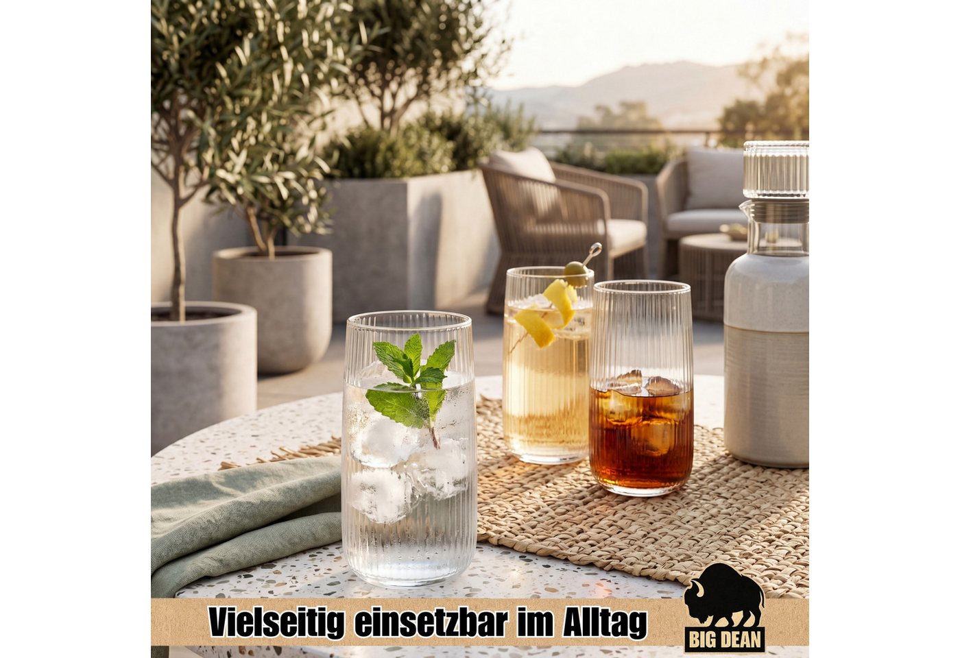 BigDean Longdrinkglas 6er Set Geriffelte Gläser, Trinkgläser 500 ml, spülmaschinenfest, 6-tlg., Glas, Edle Riffleoptik, Stabiler Stand, Spülmaschienenfest – Bild 4 von 5