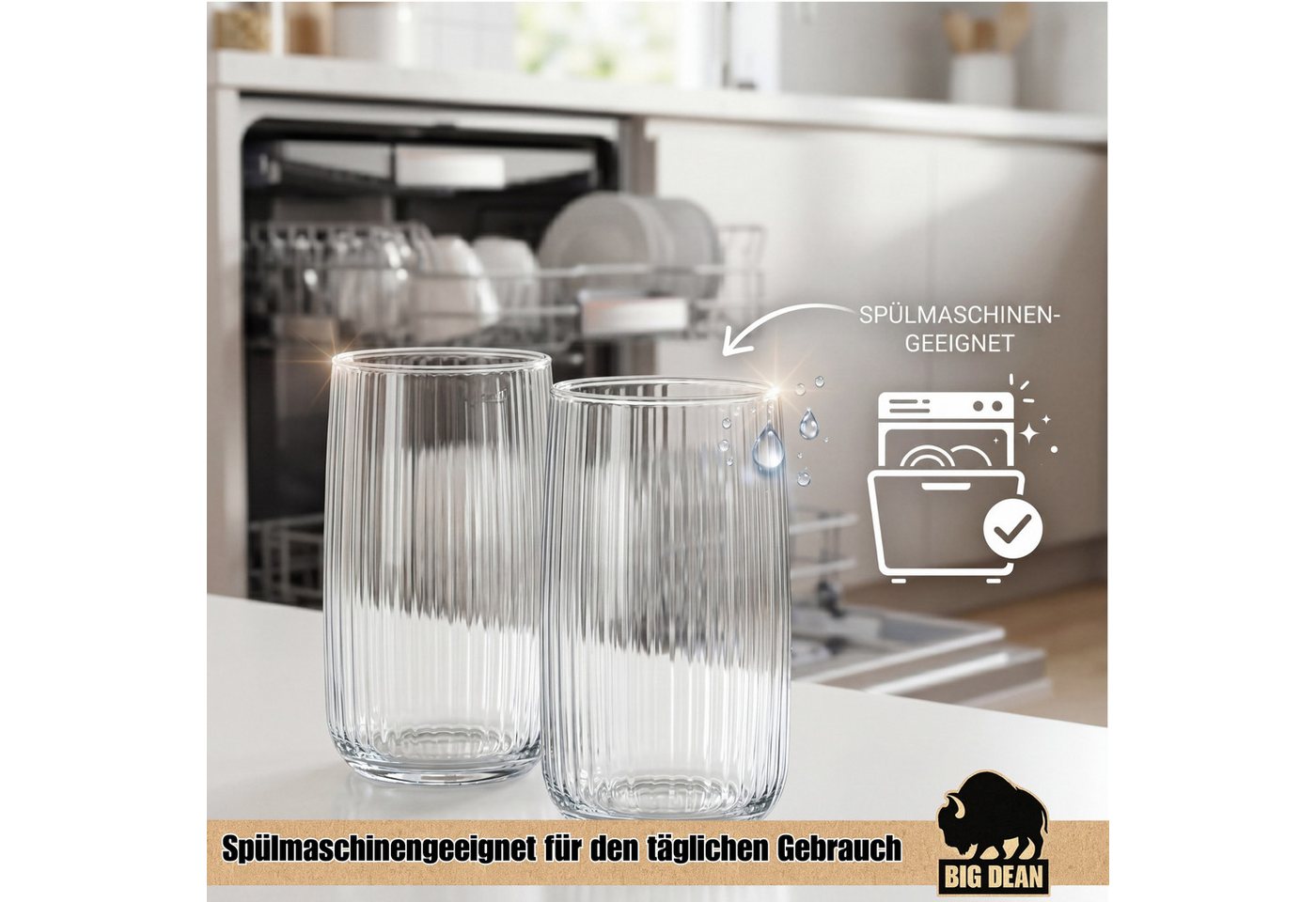 BigDean Longdrinkglas 6er Set Geriffelte Gläser, Trinkgläser 500 ml, spülmaschinenfest, 6-tlg., Glas, Edle Riffleoptik, Stabiler Stand, Spülmaschienenfest – Bild 5 von 5