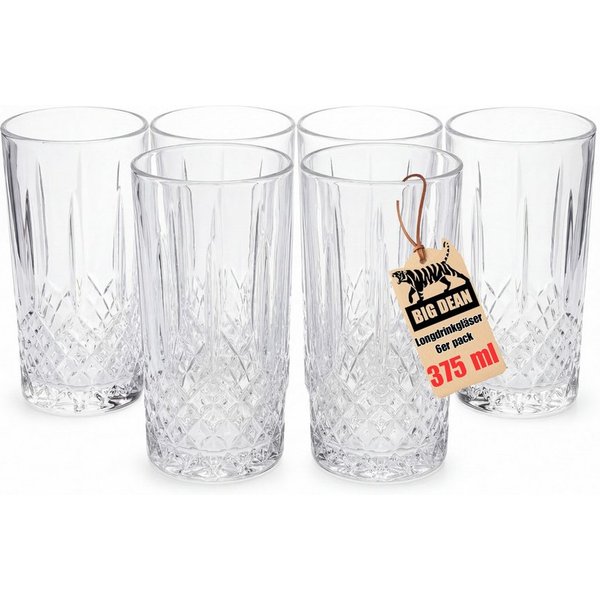BigDean Longdrinkglas Wassergläser Set Transparent Mit Kristall Effekt 6 x 375ml, 6-tlg., Glas, Spülmaschinenfest, lebensmittelecht, standsicher