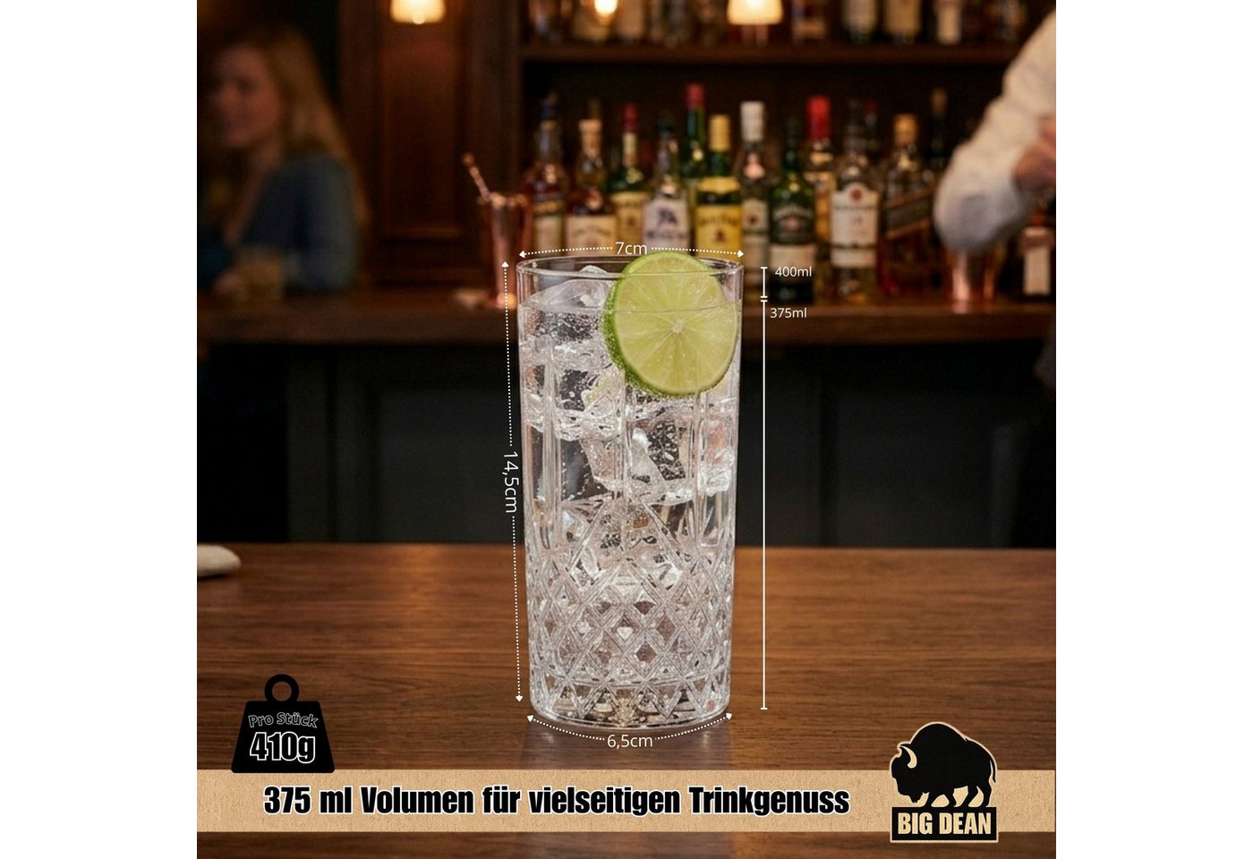 BigDean Longdrinkglas Wassergläser Set Transparent Mit Kristall Effekt 6 x 375ml, 6-tlg., Glas, Spülmaschinenfest, lebensmittelecht, standsicher – Bild 3 von 5