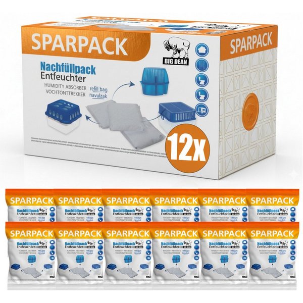BigDean Luftentfeuchter-Nachfüllpack 12x 400g Nachfüllpack Feuchtigkeitskiller UltraFresh, für Luftentfeuchter, Geruchlos, Sparpack, Nachfüllbeutel, Effektive R