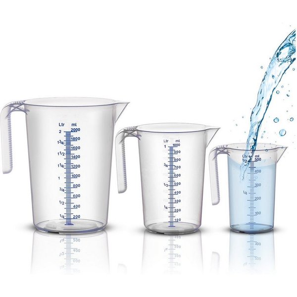 BigDean Messbecher Set - 3 Größen: 500ml, 1L, 2L Skala, hitzebeständig Made in Germany, Kunststoff, (Set, 3-St., Messbecher), Gut ablesbare, feine, blau & weiß 