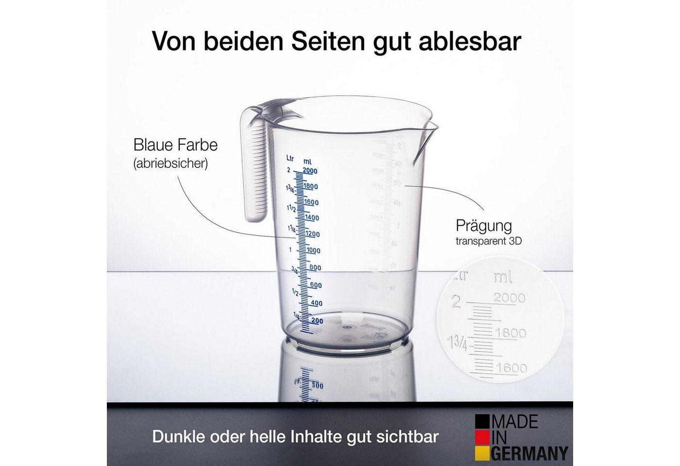 BigDean Messbecher Set - 3 Größen: 500ml, 1L, 2L Skala, hitzebeständig Made in Germany, Kunststoff, (Set, 3-St., Messbecher), Gut ablesbare, feine, blau & weiß  – Bild 2 von 5