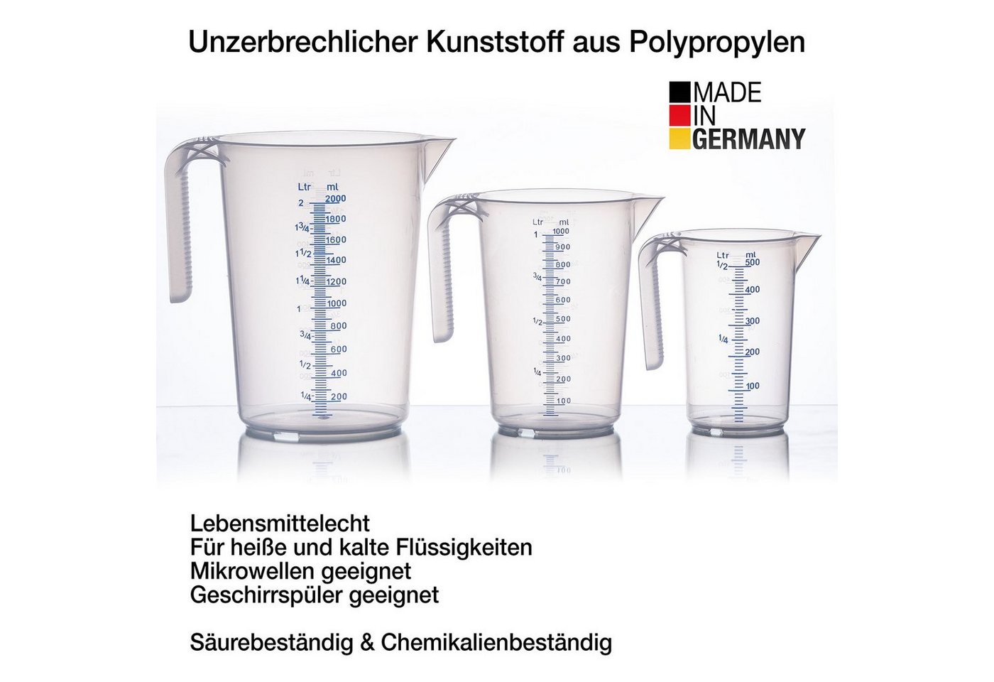 BigDean Messbecher Set - 3 Größen: 500ml, 1L, 2L Skala, hitzebeständig Made in Germany, Kunststoff, (Set, 3-St., Messbecher), Gut ablesbare, feine, blau & weiß  – Bild 3 von 5