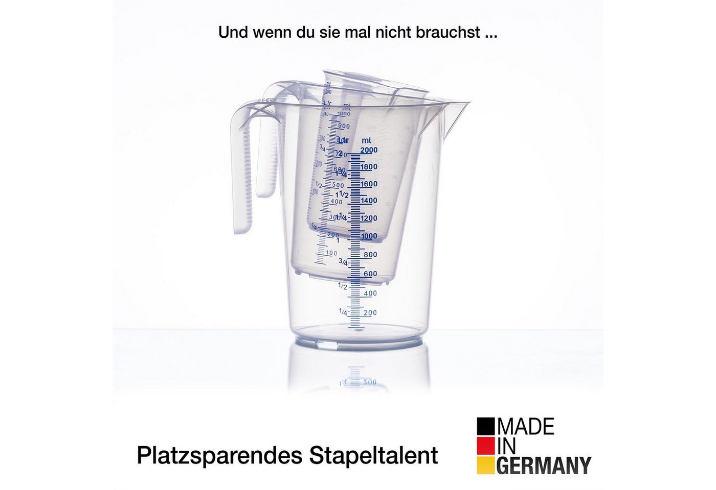 BigDean Messbecher Set - 3 Größen: 500ml, 1L, 2L Skala, hitzebeständig Made in Germany, Kunststoff, (Set, 3-St., Messbecher), Gut ablesbare, feine, blau & weiß  – Bild 4 von 5