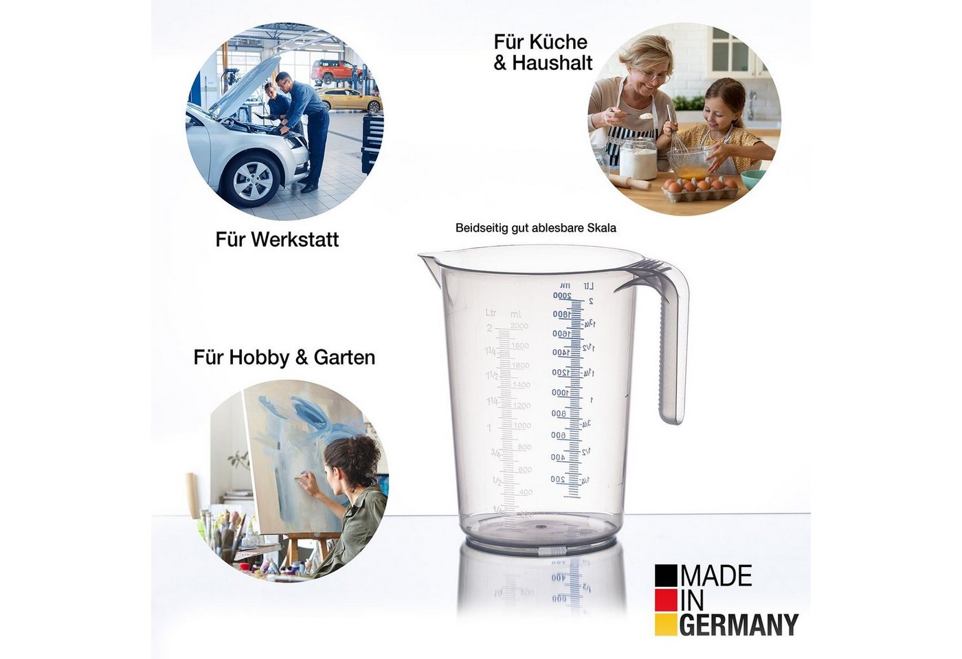 BigDean Messbecher Set - 3 Größen: 500ml, 1L, 2L Skala, hitzebeständig Made in Germany, Kunststoff, (Set, 3-St., Messbecher), Gut ablesbare, feine, blau & weiß  – Bild 5 von 5
