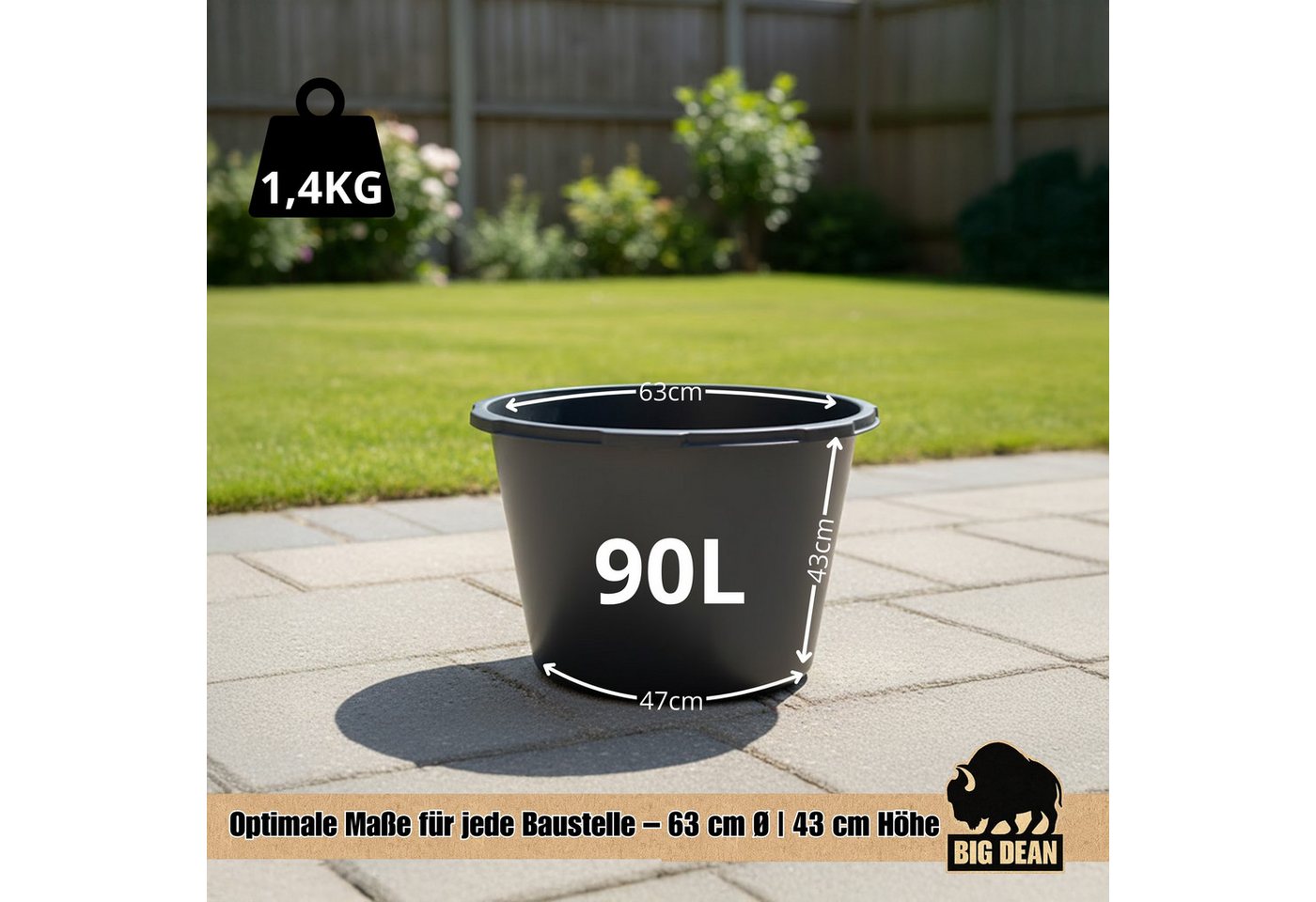BigDean Mörtelkübel 90 Liter, Schwarz, Kunststoff, Made in Poland, UV-beständig, Stapelbar, (Stück, 1-tlg., Mörteleimer), Verstärkter Rand, ergonomische Griffmu – Bild 2 von 5