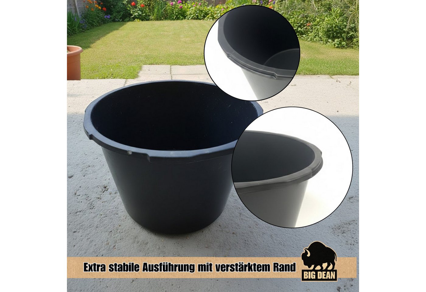 BigDean Mörtelkübel 90 Liter, Schwarz, Kunststoff, Made in Poland, UV-beständig, Stapelbar, (Stück, 1-tlg., Mörteleimer), Verstärkter Rand, ergonomische Griffmu – Bild 5 von 5