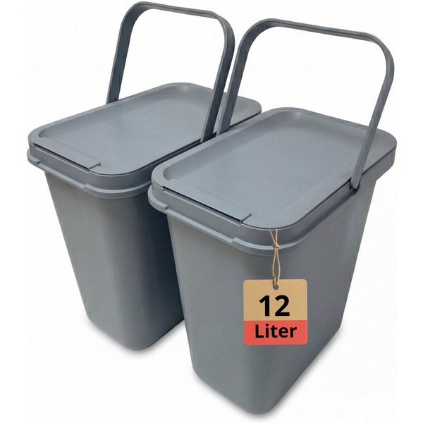 BigDean Mülleimer 12 Liter Grau mit Deckel Henkel & Mülltütenbefestitung, 2 Stück Integriertes Anti-Rutsch-System zur Beutelfixierung