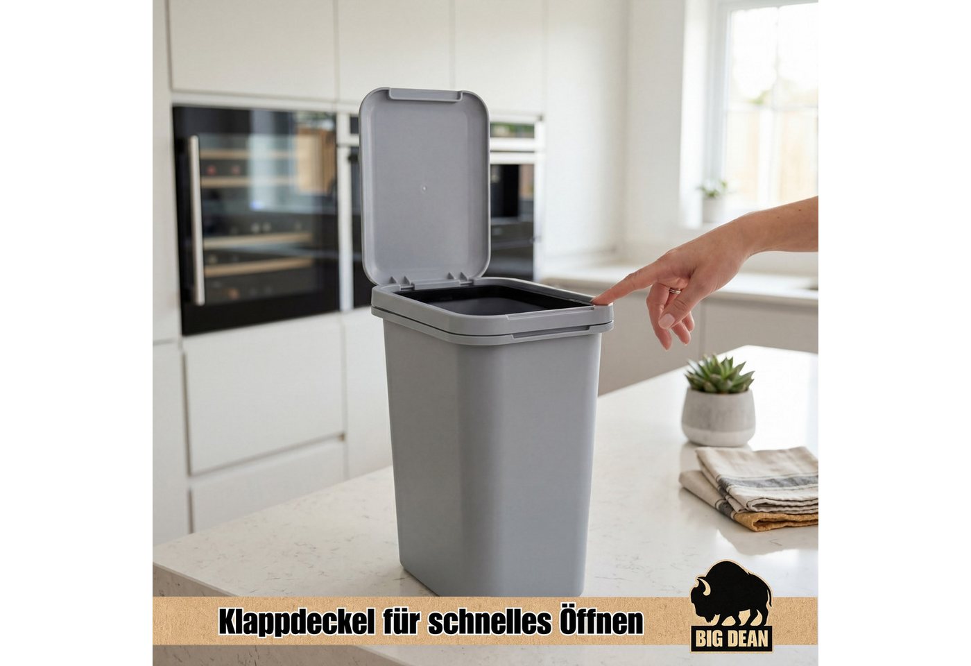 BigDean Mülleimer 12 Liter Grau mit Deckel Henkel & Mülltütenbefestitung, 2 Stück Integriertes Anti-Rutsch-System zur Beutelfixierung – Bild 4 von 5