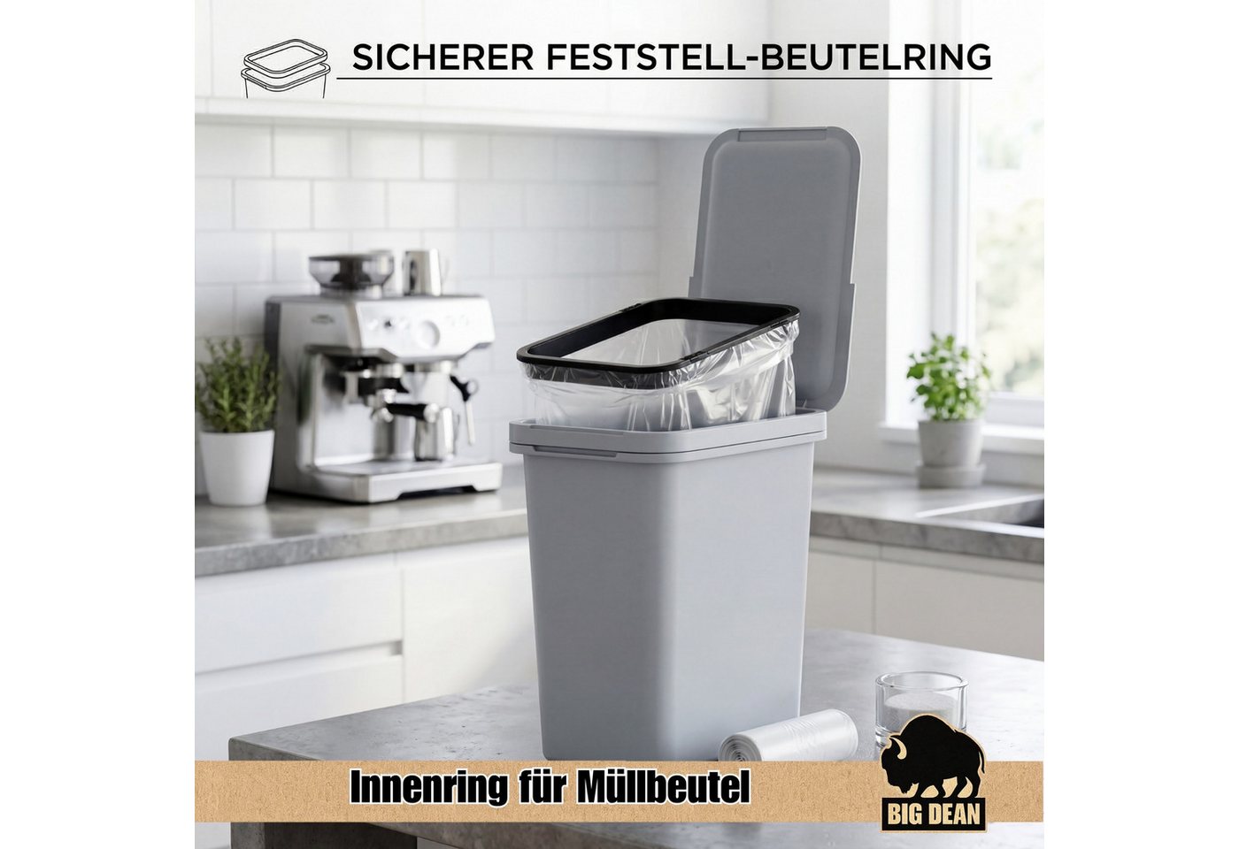 BigDean Mülleimer 12 Liter Grau mit Deckel Henkel & Mülltütenbefestitung, 2 Stück Integriertes Anti-Rutsch-System zur Beutelfixierung – Bild 5 von 5